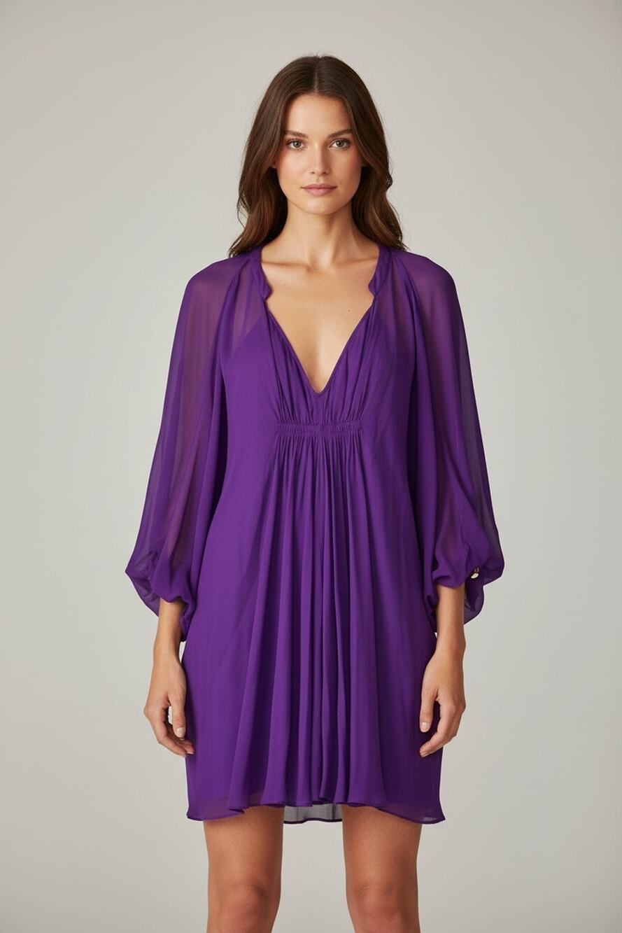 B0 Auth DIANE VON FURSTENBERG Purple Silk Pleated Hi-Low Fleurette Dress Size 6